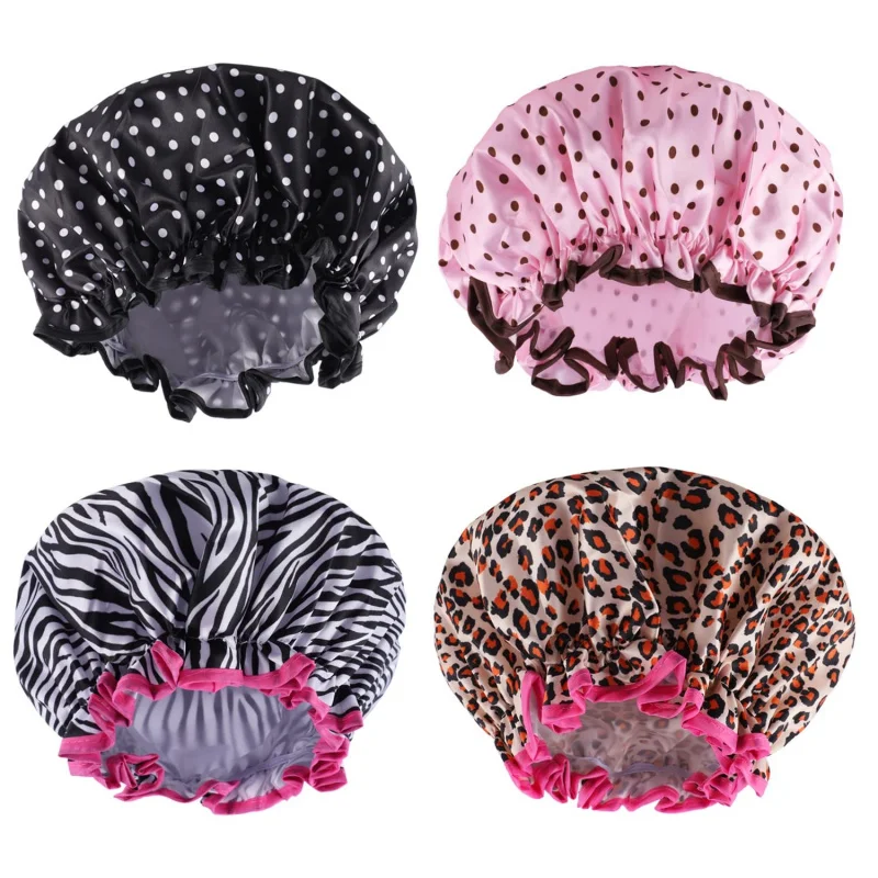 

4 Pcs Women's Reusable Waterproof Double Layer Shower Cap for Short Medium Hair