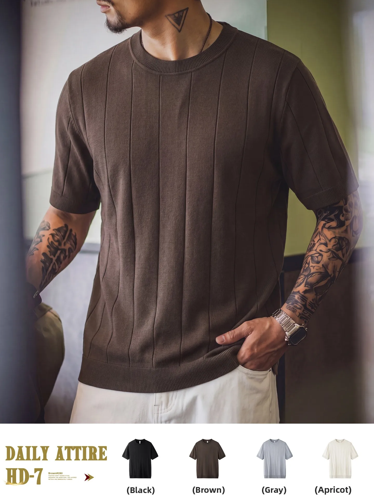 

American Retro Pure Color Vertical Pit Stripe Knitted Short Sleeve Men's Summer Loose Thin Breathable round Neck Base Shirt