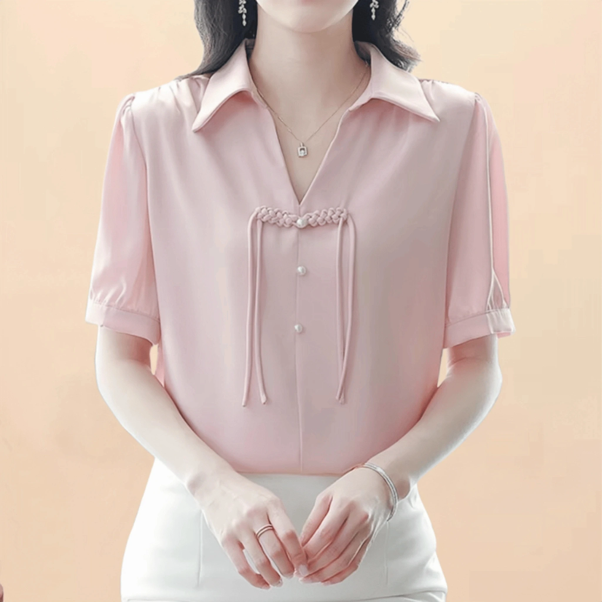 Short-sleeved chiffon shirt womens summer new Y2k Chinese pink buckle elegant age-reducing silk blouse national style shirt lady