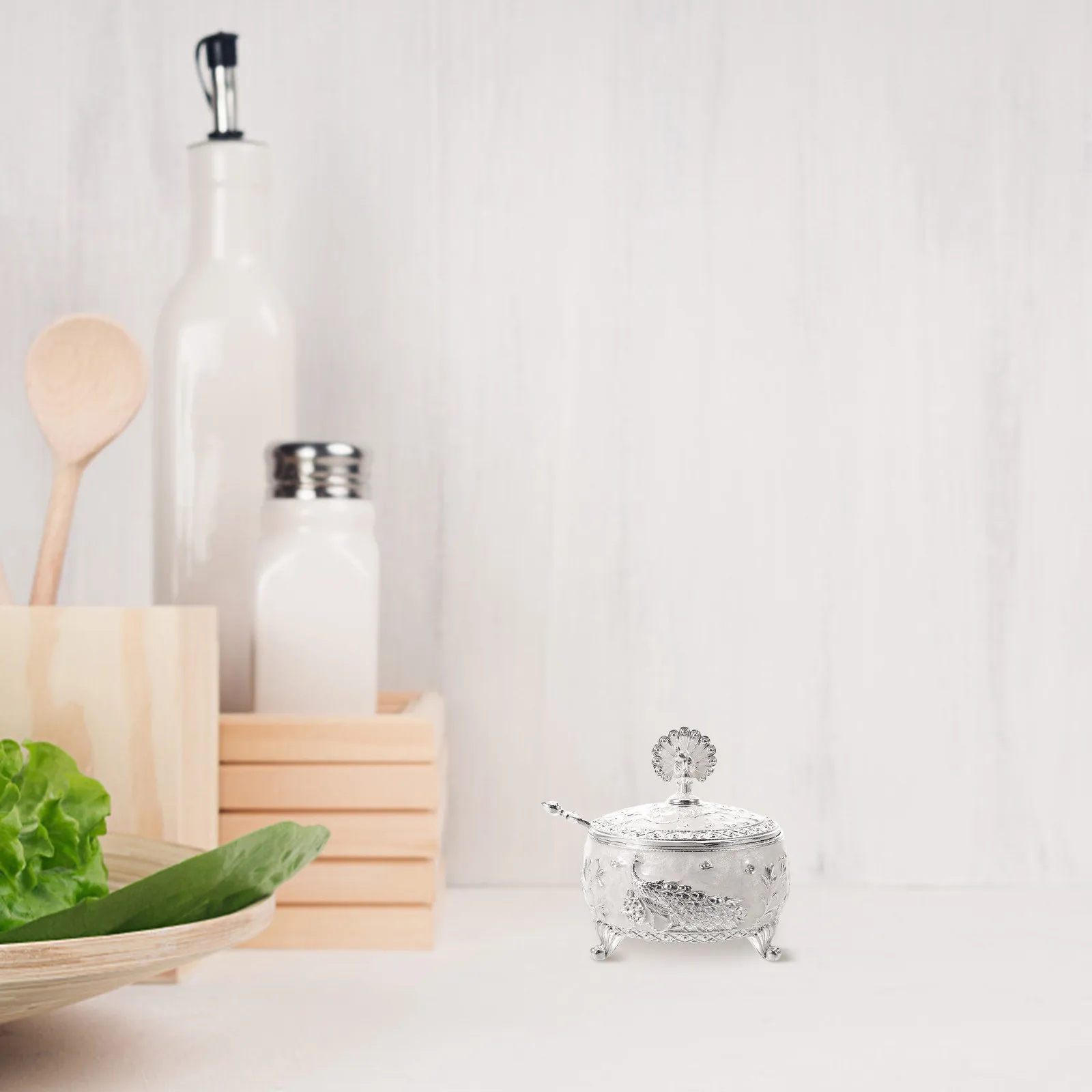 Azucarero con Tapa y Cuchara, Diseño Europeo Elegante en Relieve, Recipiente para Azúcar, Decorativo para Cafetería, Tarro para Condimentos