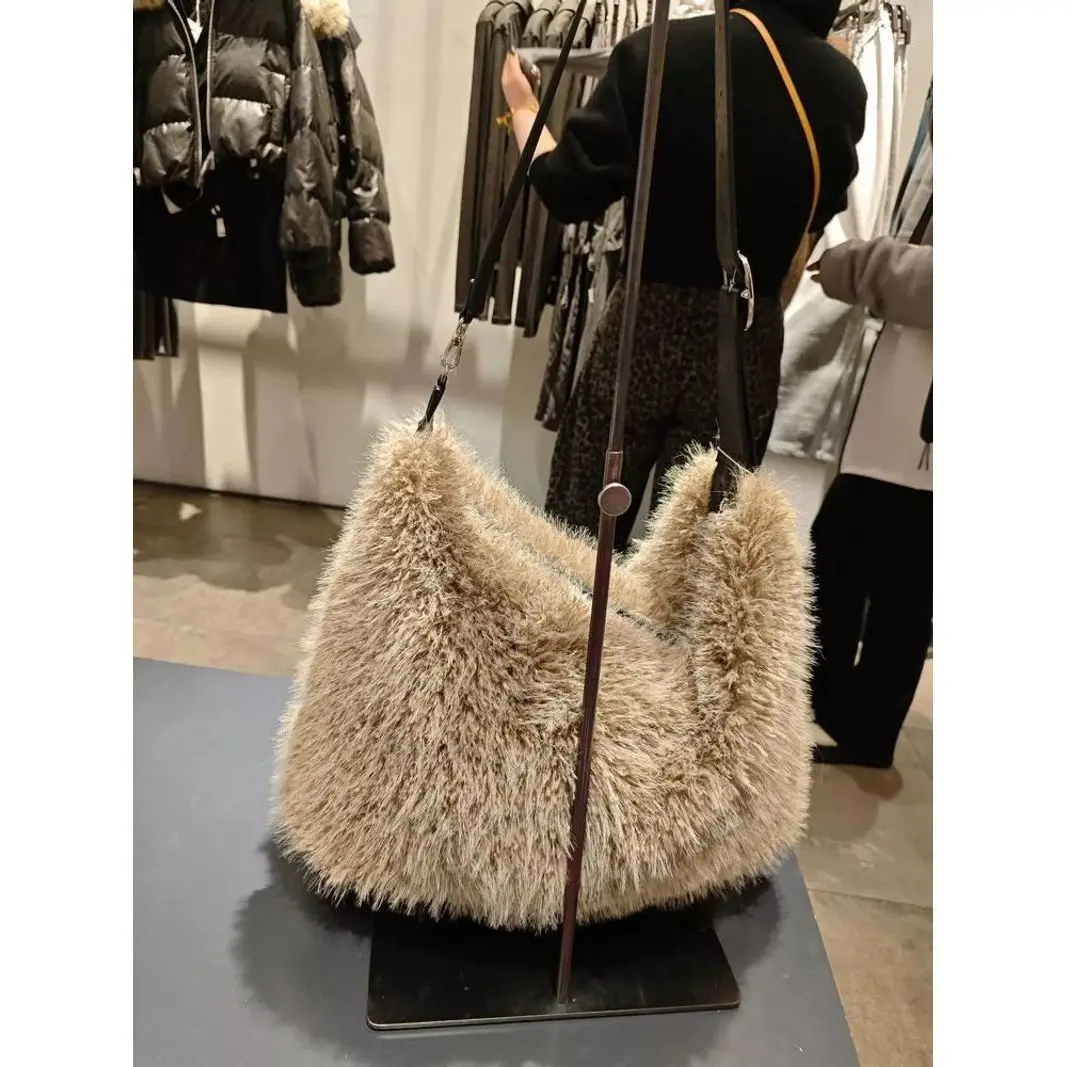 JIAERDI Vintage Khaki Handbag Women 2025 Fashionable Large Capacity Soft Plush Tote Bag Ladies Retro Casual Shoulder Bag Y2k