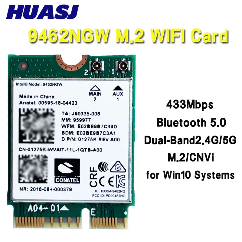 Wireless-AC Dual Band Wifi Card Adapter for 9462NGW CNVI NGFF M.2 Key E with Bluetooth 5.0 Antennas for Win10 Systems