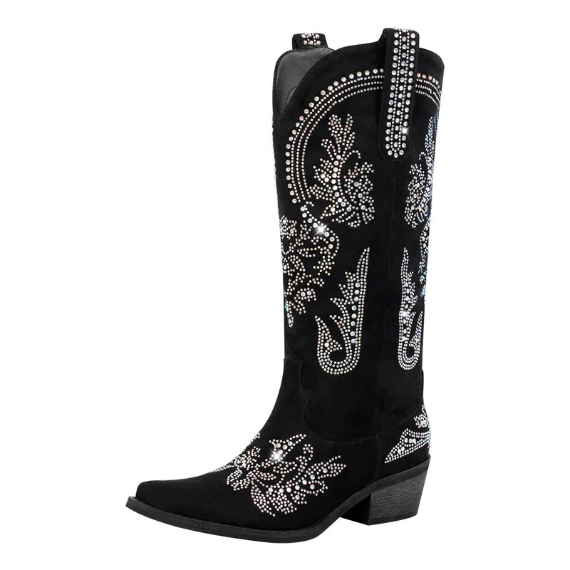 Onlymaker Women Pointed Toe Rhinestone Western Cowboy Boots Black  Female Wide Mid Calf Boots