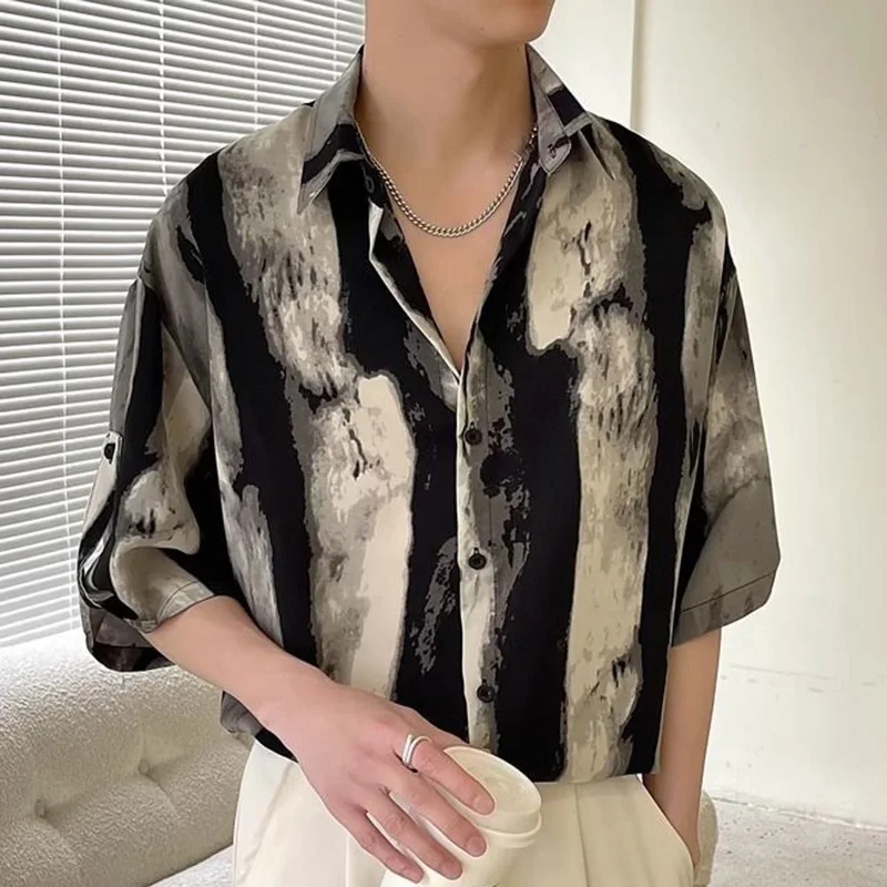 Fashion Lapel Button Spliced All-match Printed Shirts Men\'s Clothing 2023 Summer New Loose Casual Tops Half Sleeve Korean Shirt