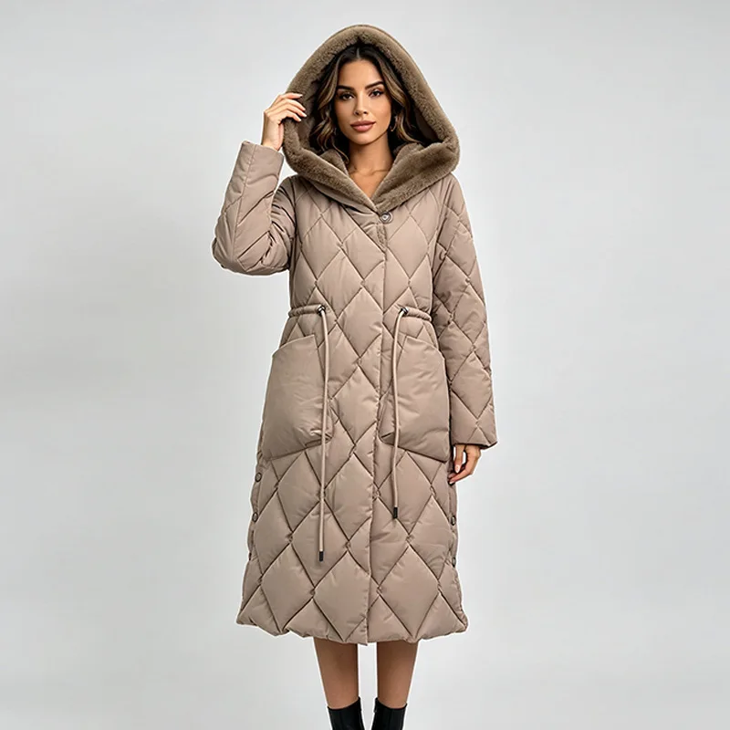 Women Mid Length Hooded Drawstring Slim Fit Padded Coat, Thick Warm Stylish Winter Cotton Jacket