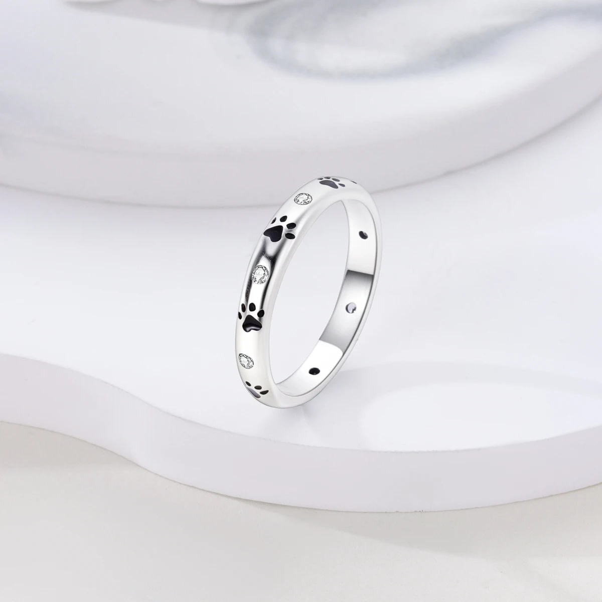 925 Sterling Silver Paw Print Band Ring for Women CZ Inlaid Dainty Animal Pet Stackable Fine Versatile Jewelry Gift