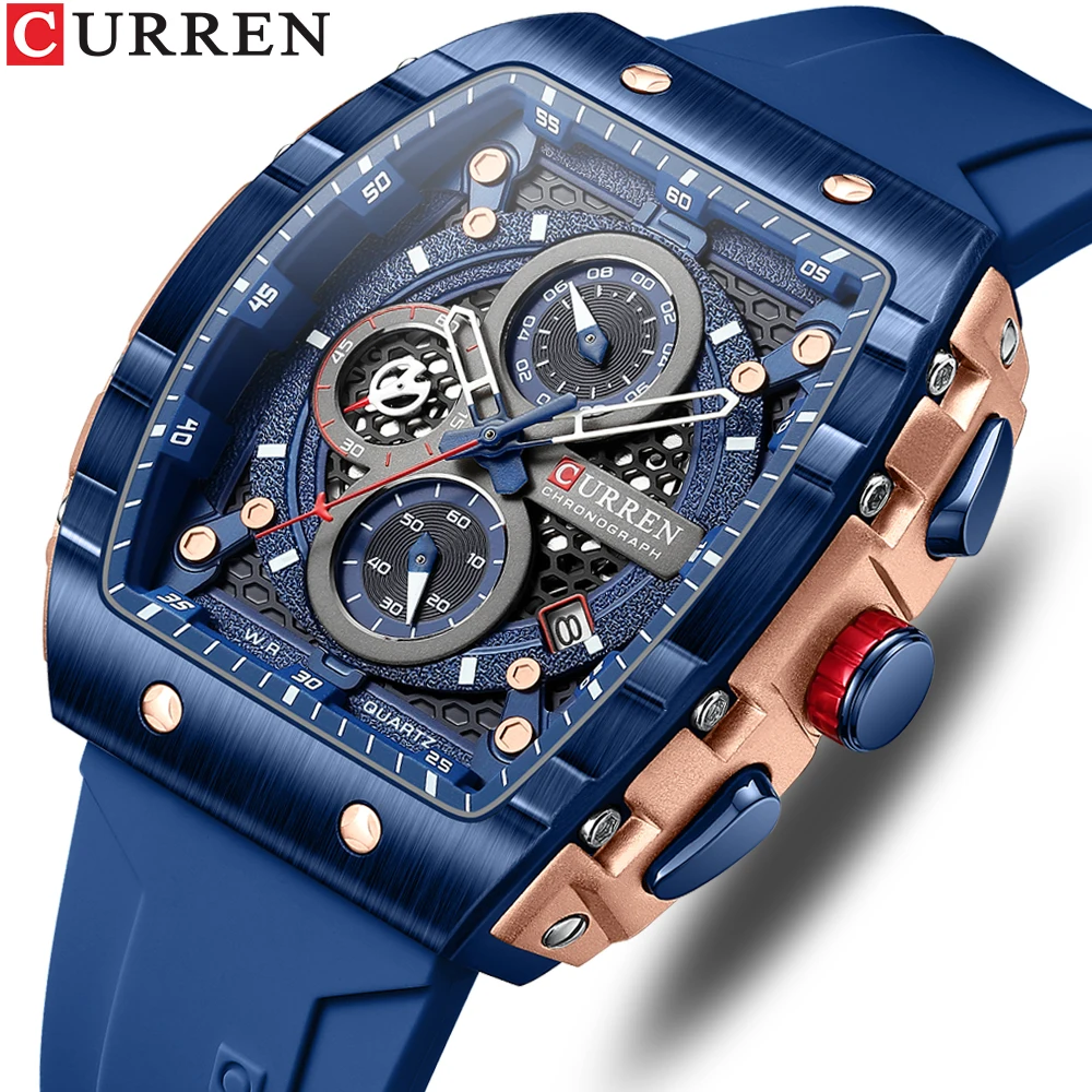 CURREN-reloj deportivo de lujo para hombre, cronógrafo de pulsera de cuarzo con esfera cuadrada y correa de silicona, resistente al agua, a la moda,