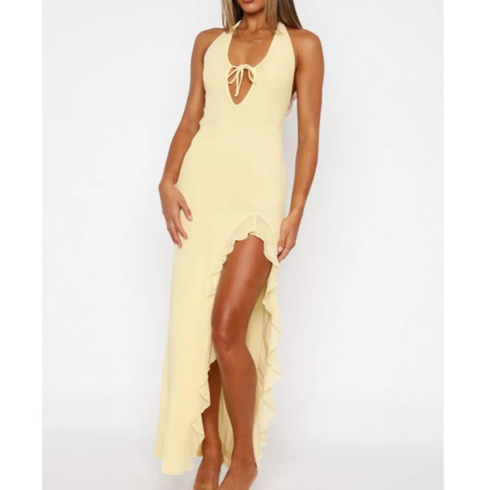 

Slit Deep V Halterneck Irregular Dress Summer Women's New Women's Sexy Sleeveless Lace Hot Girl Long Dress Roupas Feminina