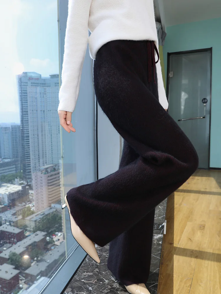 100% Pure Mink Cashmere Knitted Wide Leg Pants Women\'s Casual Straight Leg Pants Elastic Waist Extended Trousers High-End Thick