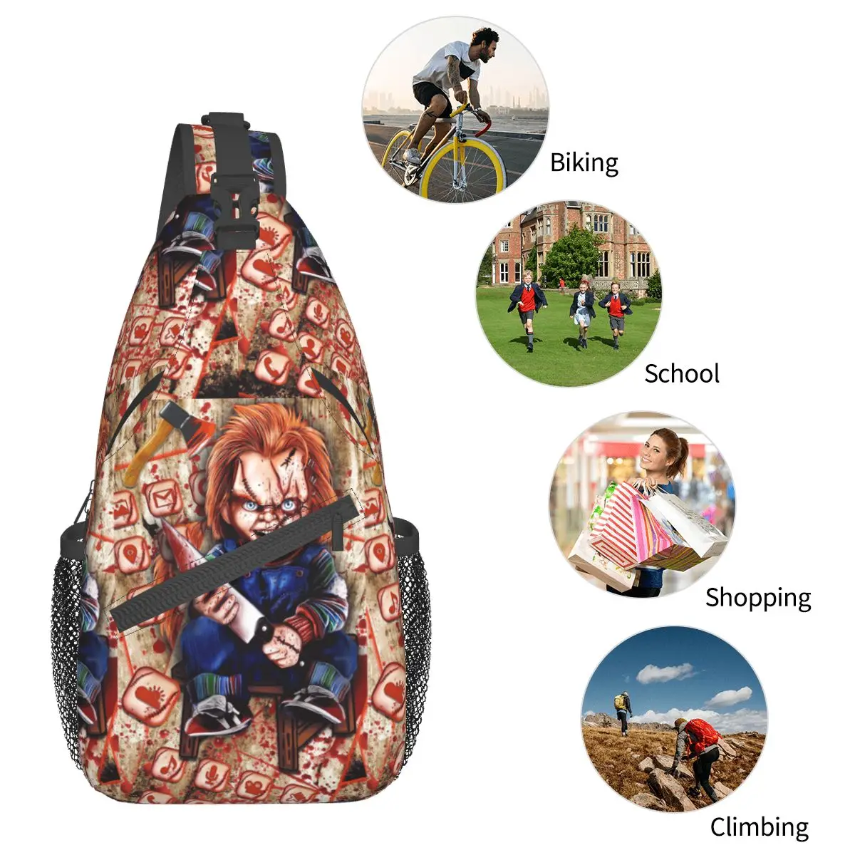 Chucky Childs Play Crossbody Sling Bag SmallChest Bag film Horror zaino a tracolla di Halloween Daypack escursionismo borsa sportiva da viaggio