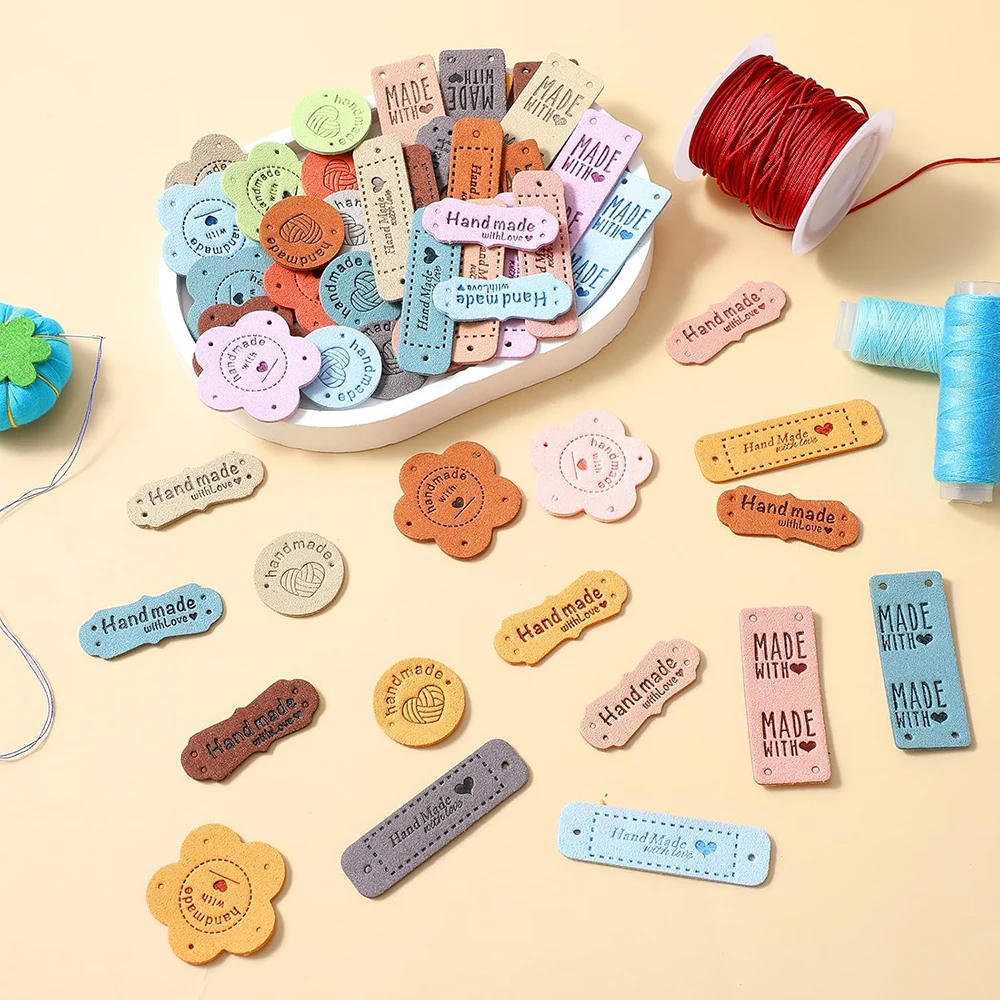 20 Handmade with Love Tags Colorful PU Leather Tags with Holes Crochet Tags Sewing Labels for Embossed Tag Clothes Accessories