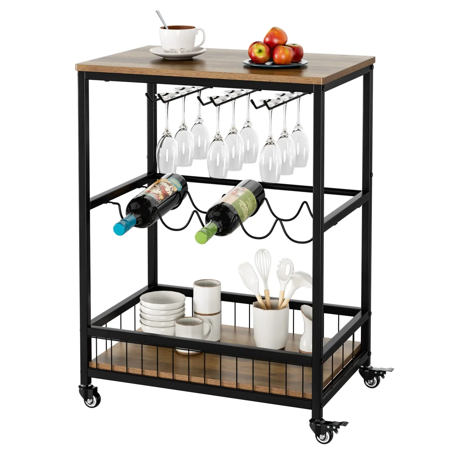 Living Room Kitchen Rolling Beverage Trolley Wine Rack Glass Stand Wine Cart Bar Trolley Storage Rack with Wheels