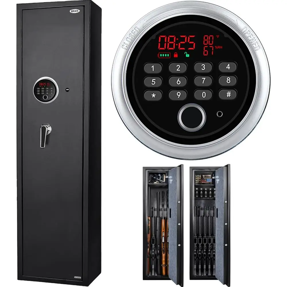 

Усовершенствованный биометрический оружейный шкаф 2025 года с монитором температуры и влажности, надежное хранение 5-6 оружейных прицелов с замком и регулируемыми полками