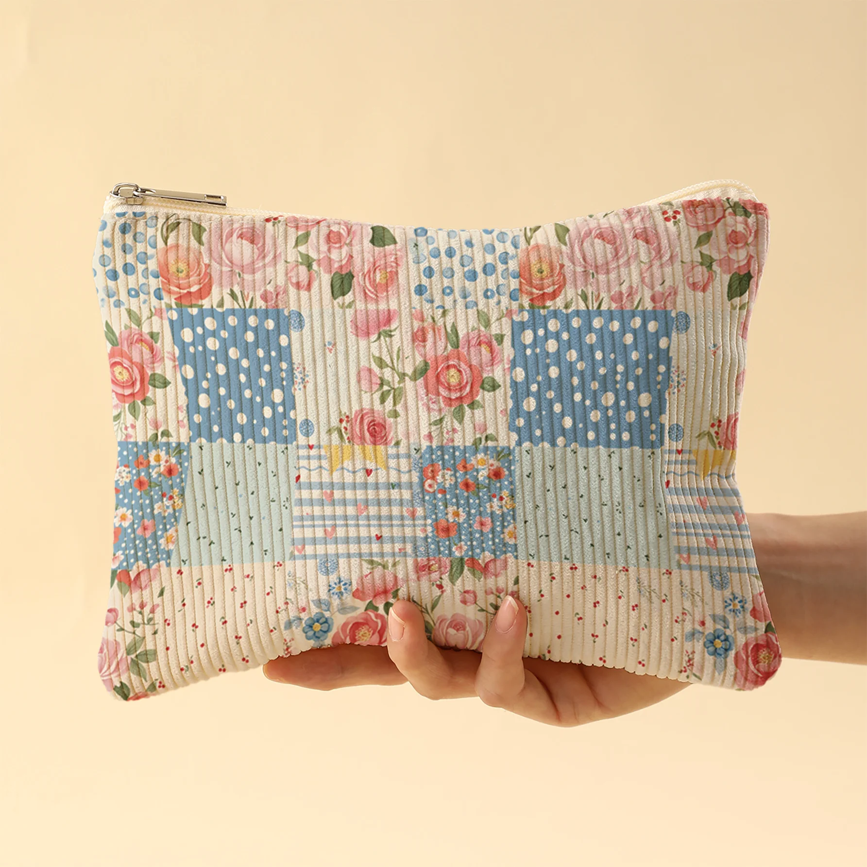 Korea Style Corduroy Cosmetic Bag Vintage Patchwork Floral Check Print Zipper Makeup Pouch Large Capacity Travel Storage Purse