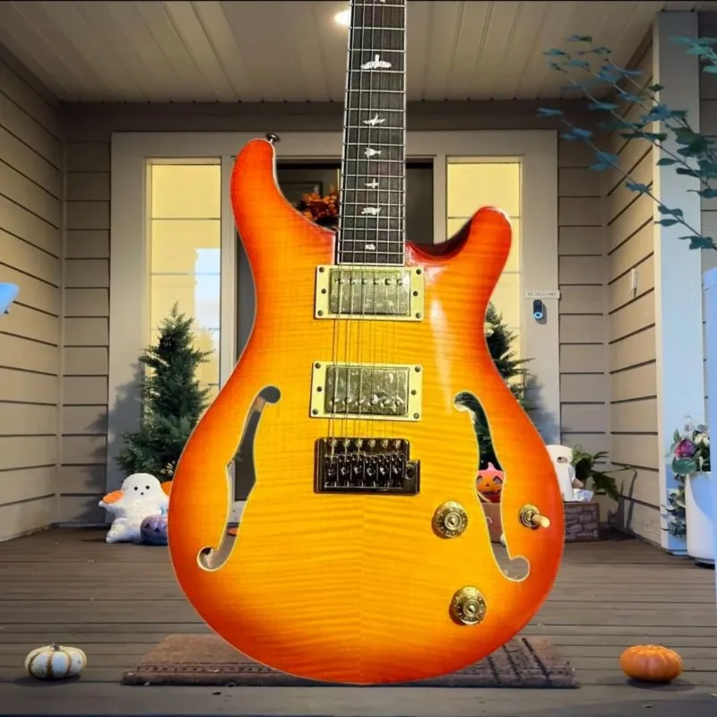 PRS SE Custom 24 Hollowbody Electric Guitar Humbucker Fixed Bridge Orange Sunburst Flame Maple Top Jazz Rock Blues Collector