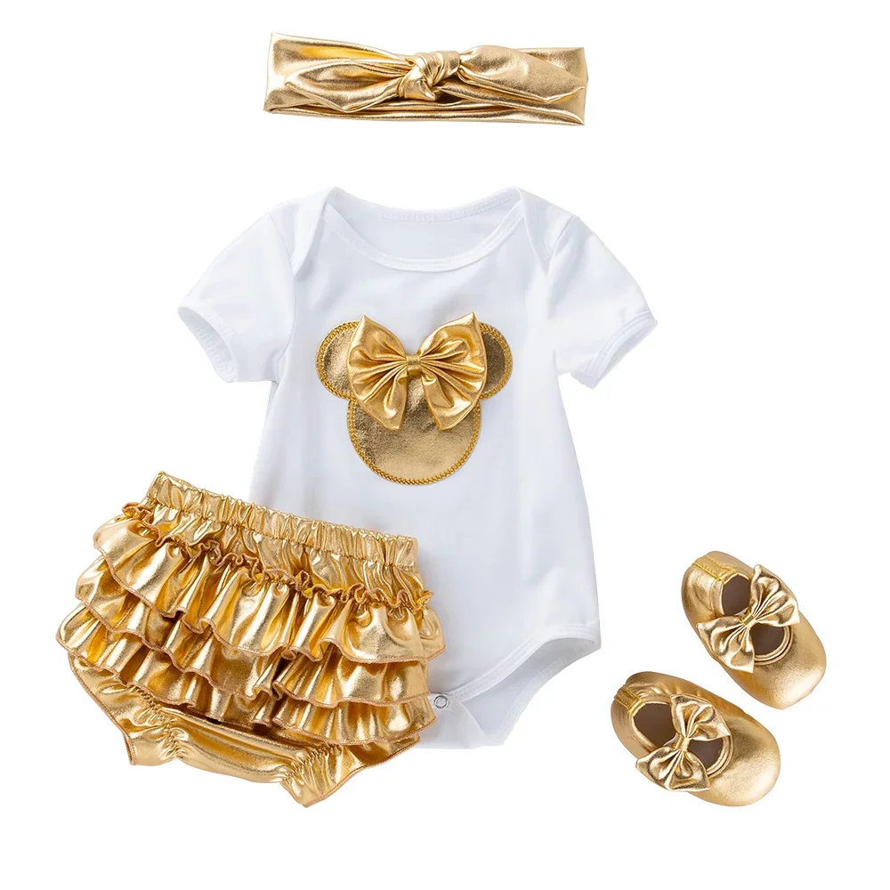 Twins Photography New Baby Girl Clothes White Cotton Rompers Golden Ruffles Baby Girls Tutu Skirt Shoes Headband Newborn Sets