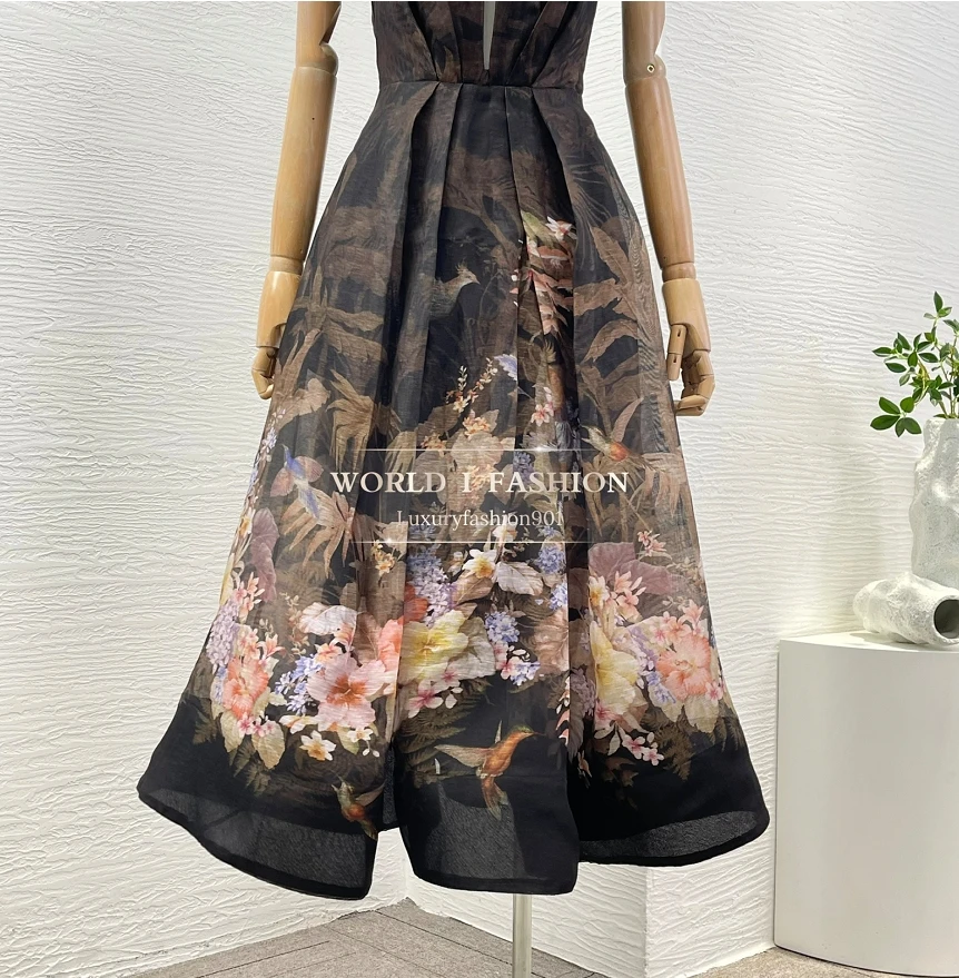 Black High Quality Elegant Women 2025 New Linen Silk Beach Style Sleeveless Strapless Floral Print Midi Dresses
