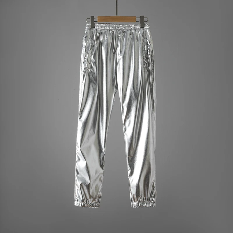 Mens Shiny Silver Metallic Jogger Sweatpants Hip Hop Wet Look Trousers Men Party Festival Prom Pants Nightclub Stage Costume