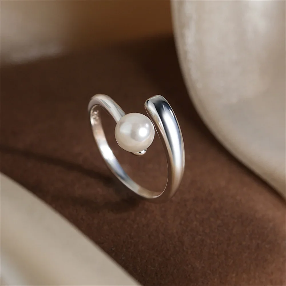 Französischer Vintage-Ring in Silberfarbe, verstellbar, mit einfachem Imitationsperlen-Design, Damenring, modischer Schmuck, INS-Accessoire, Geschenk. – Detail 4