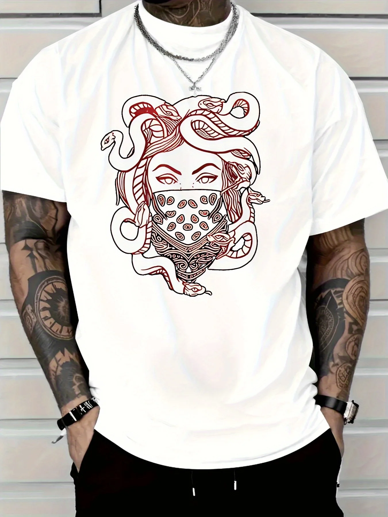 

2025 Men'S New Casual Pure Cotton T-shirt Medusa Snake Head Bandana Graphic Tee for Men'S summer outdoor clothing