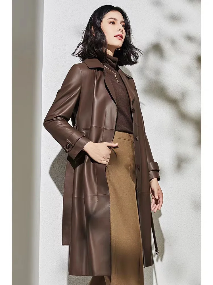 معطف نسائي أنيق غير رسمي متوسط الطول من جلد الغنم الطبيعي لربيع الخريف ملابس خارجية متعددة الاستخدامات