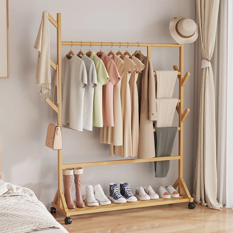 AOLIVIYA Bedroom Standing Coat Rack Floor Hat Hanger Clothing Storage Rack Wood Dormitory Shelf
