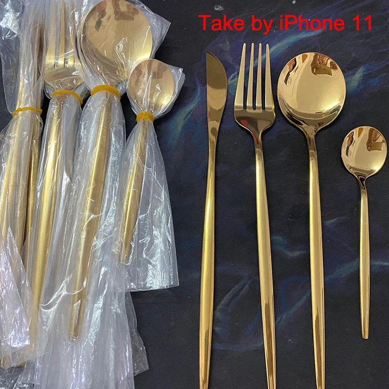 24pcs Stainless Steel Gold Dinnerware Set - Knife, Fork, Spoon | Bright Shine Tableware Cutlery Set