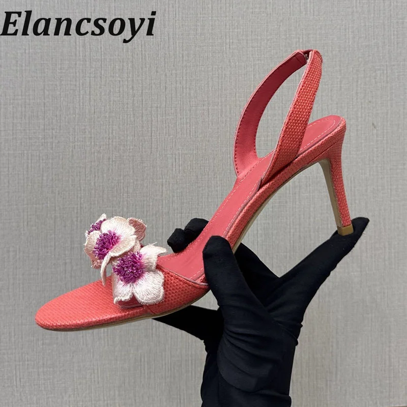 Summer new open toed solid color flower bead decoration high-heeled sandals suitable for women's fashionable party dress shoes
