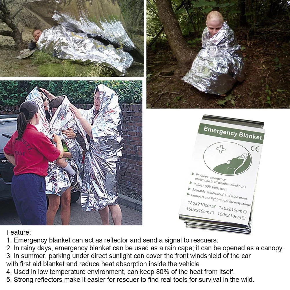 Mergency Mylar-manta térmica de papel de aluminio, cortina de rescate de primeros auxilios, impermeable, militar, cubierta reutilizable