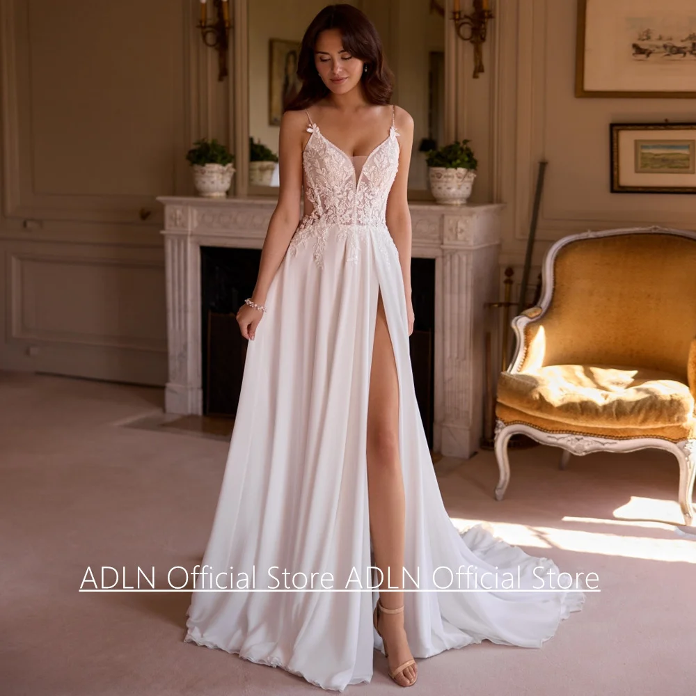 

Sexy Wedding Dress Robe De Mariage Customized Spaghetti Straps V Neck Beading Applique Split Chiffon Bridal Gown Noiva