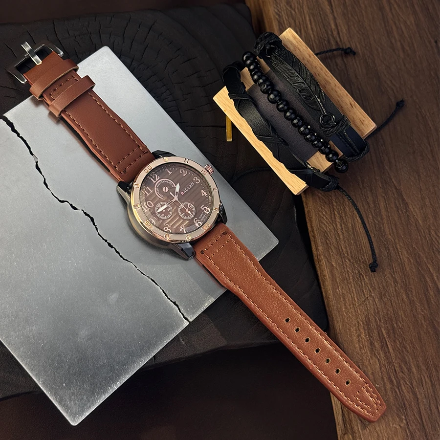 Bracciale da uomo 4 pezzi con perline e tessitura di piume, orologio al quarzo con ali naturali in stile industriale retrò per tutte le quattro stagioni