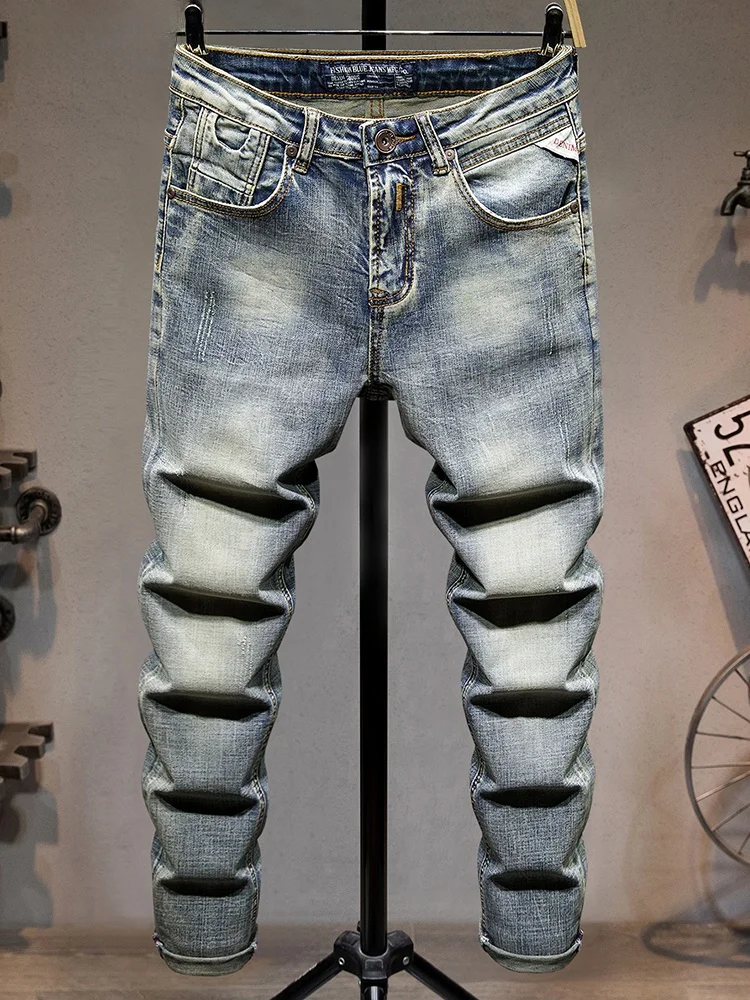 

Мужские джинсы Slim Fit прямого кроя, модные, из выстиранного денима, молодежные, в стиле ретро-панк, хлопковые, эластичные, трикотажные, со средней посадкой, на молнии