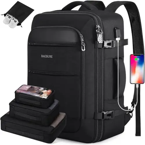 

Рюкзак Bagsure Travel Backpack 42L, одобренный для авиаперелетов, расширяемый рюкзак для ноутбука с органайзерами и отделением для обуви.