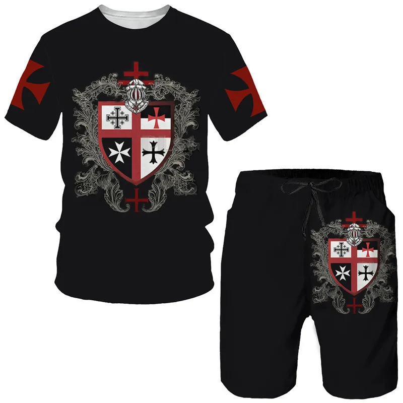 Neue Ritter Templer 3D-Druck Herren T-Shirt-Sets coole Streetwear Retro lässige T-Shirt Shorts zweiteilige Set übergroße Mann Kleidung