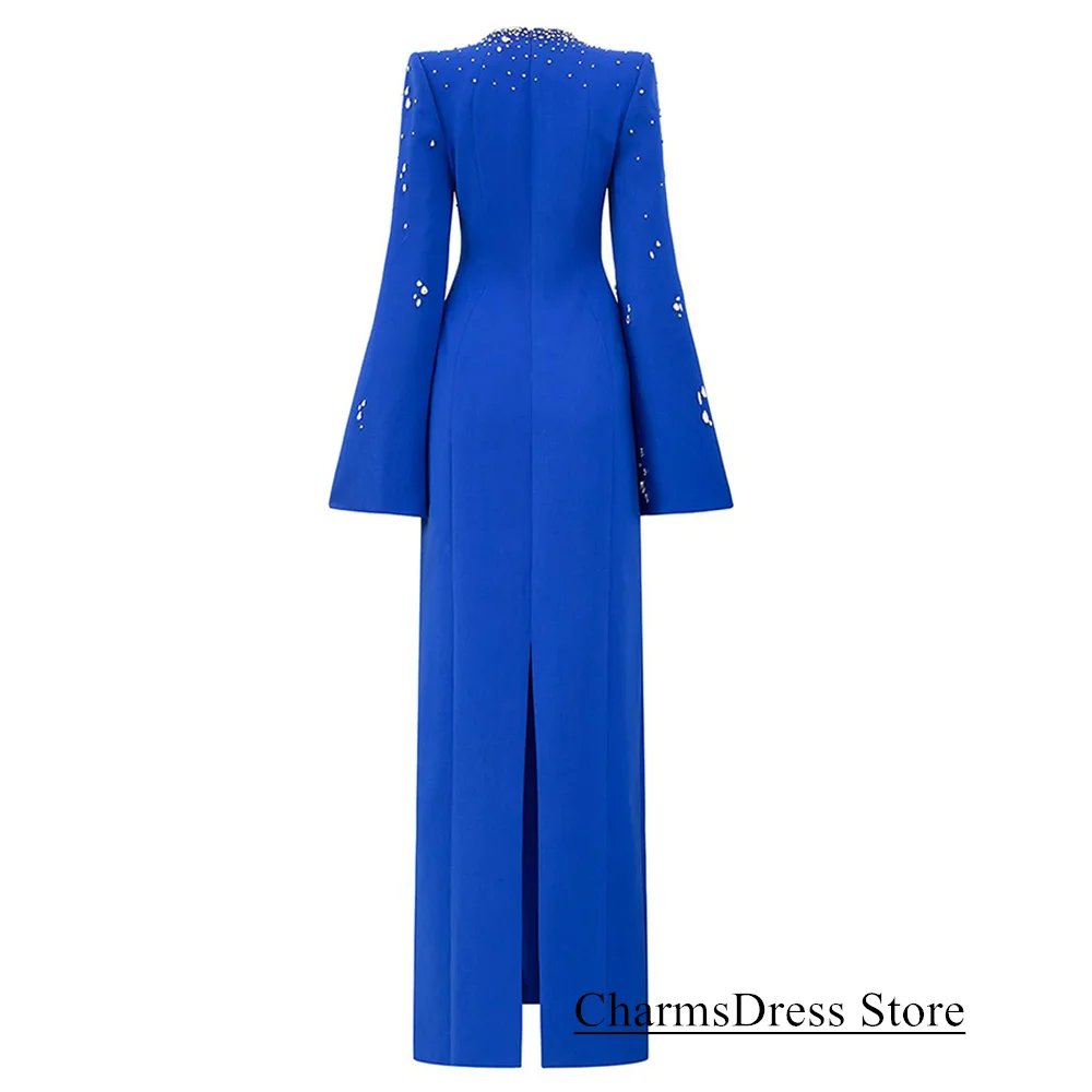 Royal Blue Evening Dress Customized Slit Long Sleeves Arabian Party Gown Crystal Stone Formal Prom Gown Special Occasion Dresses