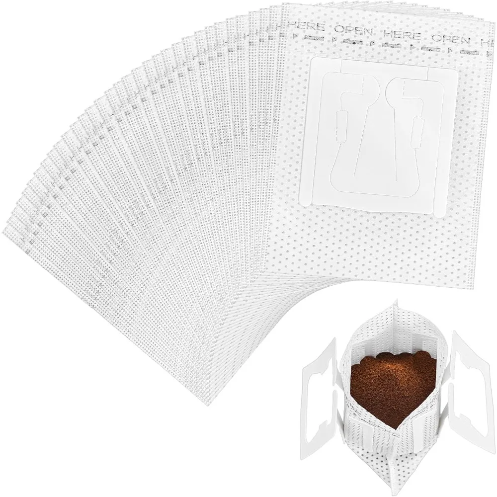 Portable Disposable Pour Over Coffee Filter Paper Bags 50 Pieces Hanging Ear Design Non-Woven Fabric Drip Coffee Filters for Single Serve Brewing Perfect for Travel Camping Backpacking Office Home Outdoor Use and Daily