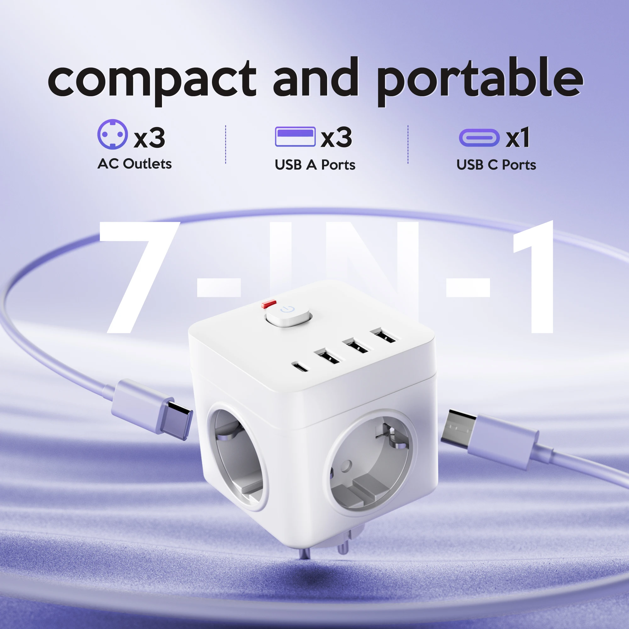 1 Pc Multi-Functional Surge Protection Power Strip , 3 AC Outlets & 3 USB-A Ports And 1 USB-C Port, for Home, Office