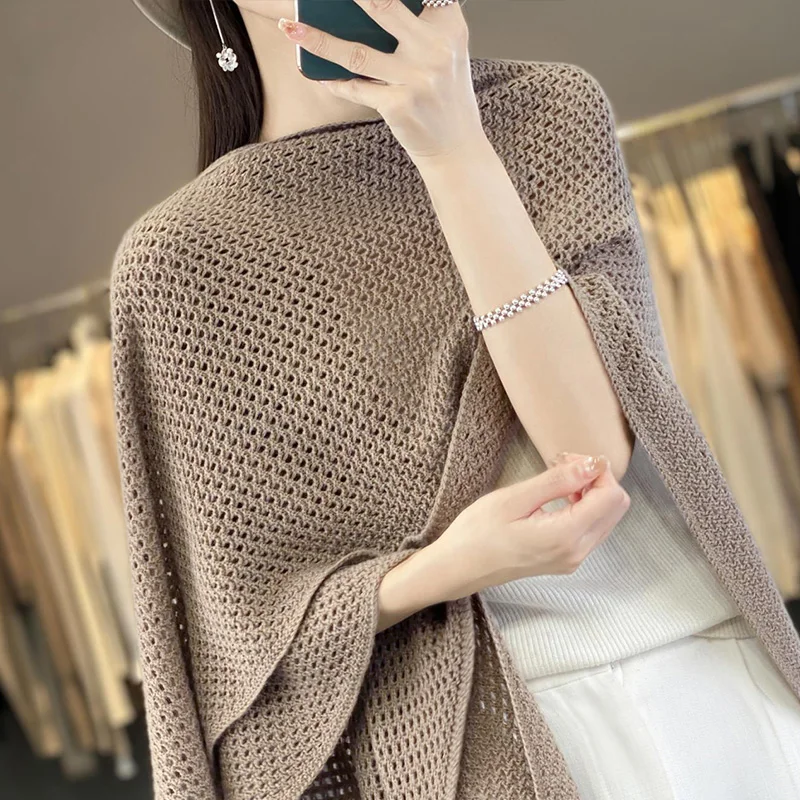 New 100% Australian wool women\'s shawl solid color knitted long style women\'s hollow wool shawl summer thin style versatile and