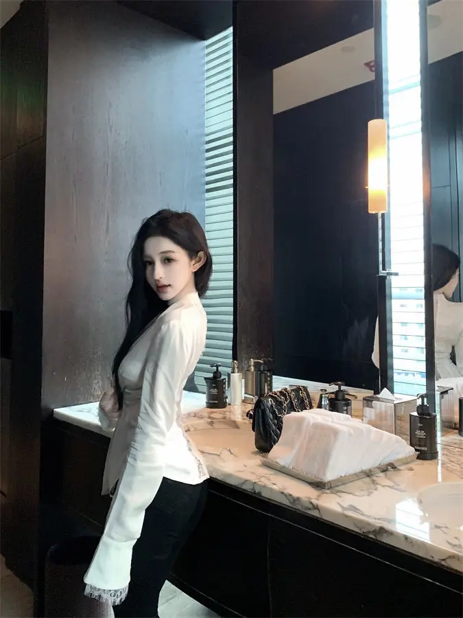 Backless Lace Youthful Fashion Black Long Sleeve Shirt Women V Neck Patchwork Elegant Basic Blouse Lady Office Casual White Top