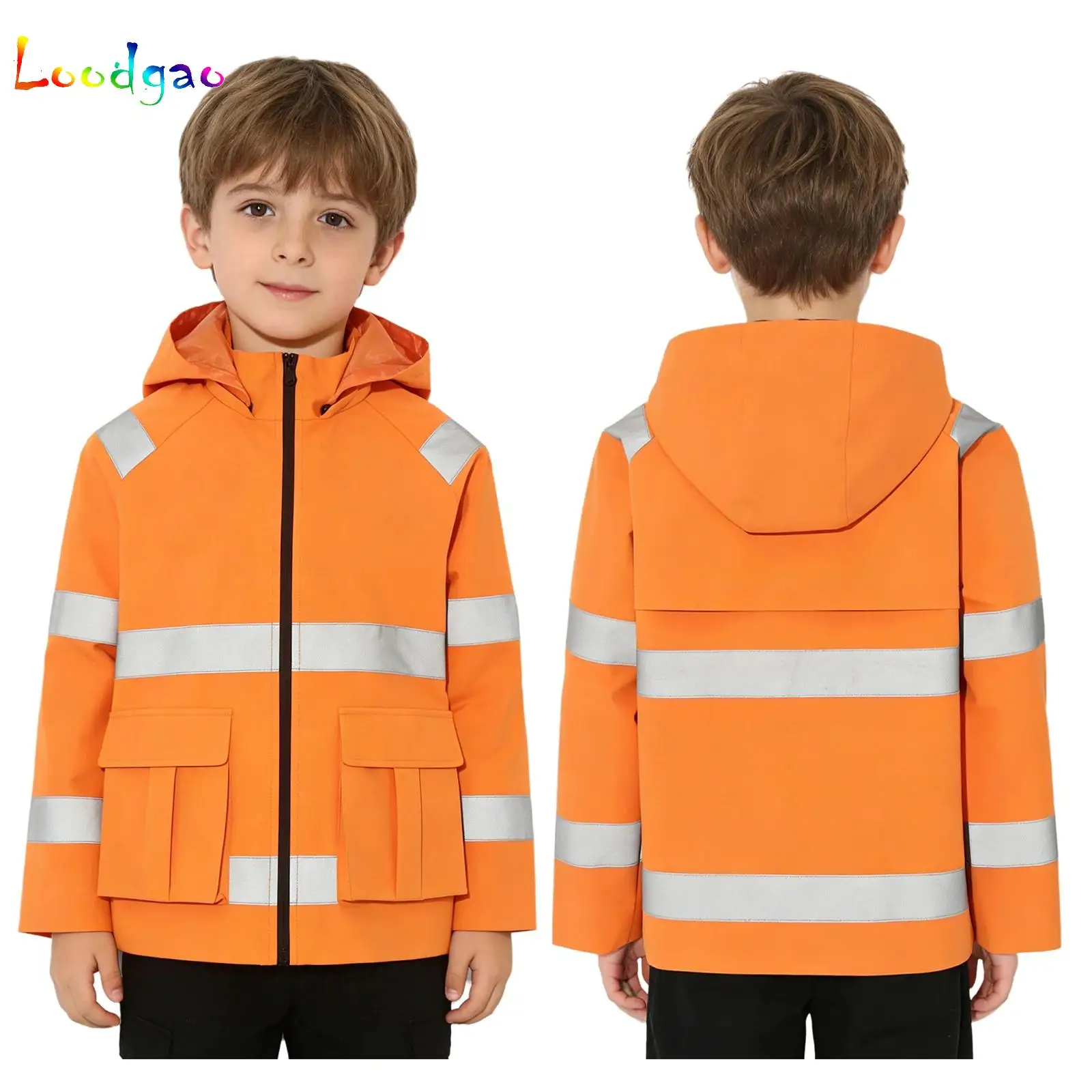 

Kids Students Night Safety Jacket Road Traffic Warning Vest for Children Long Sleeve Detachable Hood Zip Up Outwear Coat