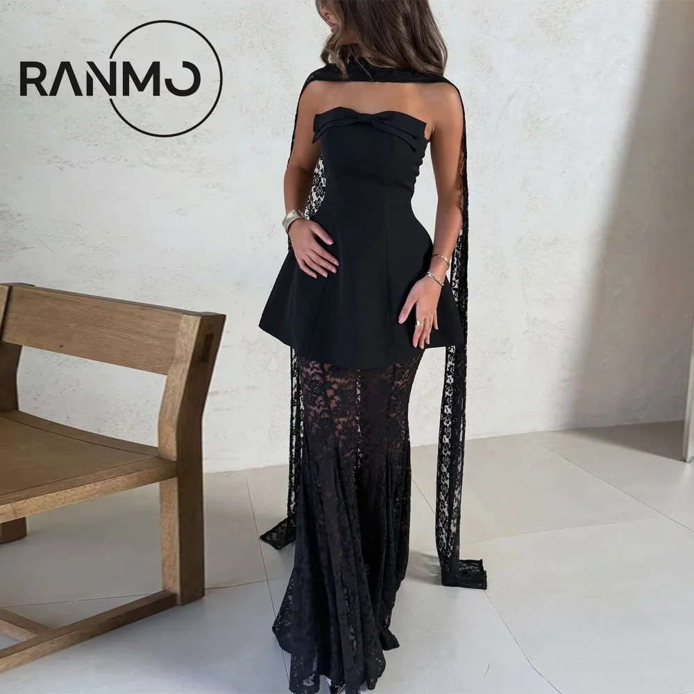 

Ranmo Exquisite Straples Evening Dress 2026 Black 2Pcs Scarf Lace Bow فساتين سهرات Floor-Length Customized Prom Gown