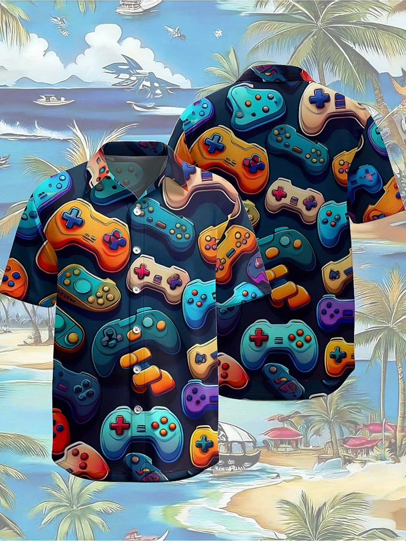 Men's Large Size Hawaiian Shirt - Colorful Video Game Controller Pattern, Cartoon Style Aloha Shirt Breathable Loose, Casual Top