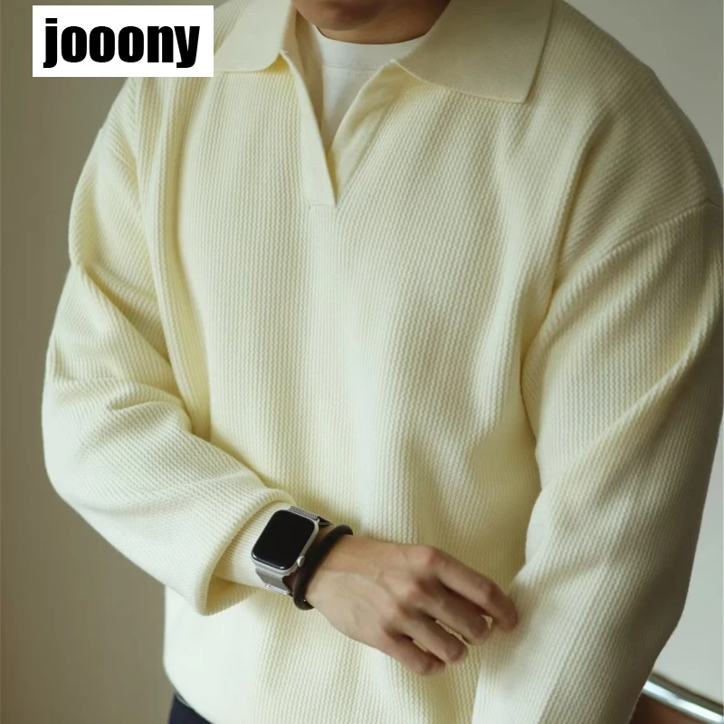 남성용 빈티지 니트 폴로 셔츠, 단색 상의, 캐주얼 스웨터, 긴팔 턴다운 칼라, 점퍼 상의, 가을