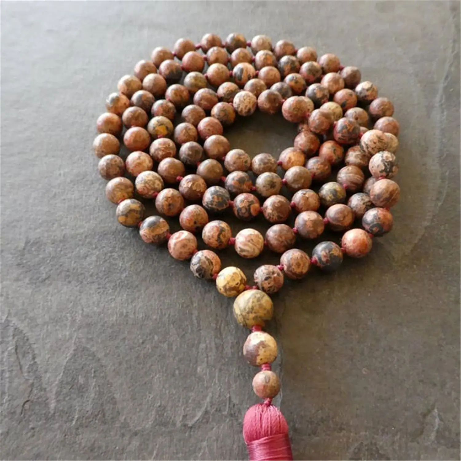 6mm Natural Leopard Skin Jasper 108 Beads Handmade Tassel Necklace Yoga Spiritual Tranquility Men Gemstone Fashion Mala