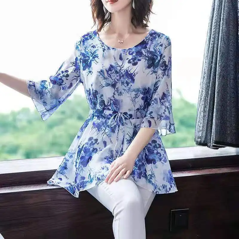 Vintage Elegant Fashion Casual Floral Printing Belt Long Shirt Summer 2023 New O-Neck Half Sleeve Tunic Blouse Women\'s Clothing