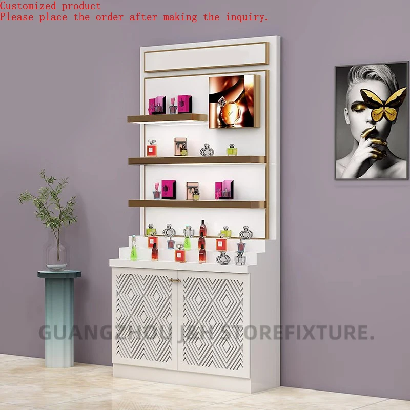 

Factory beauty shop cosmetics display counter custom design perfume store shelf make up display showcase