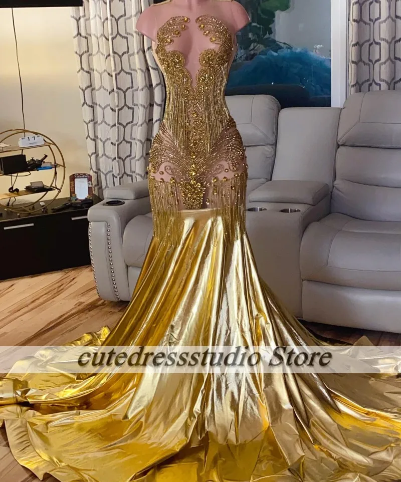 Vestidos De Graduación Gold Prom Dresses Black Girls 2025 Crystal Rhinestone Tassel Mermaid Party Gown Customized vestido fiesta