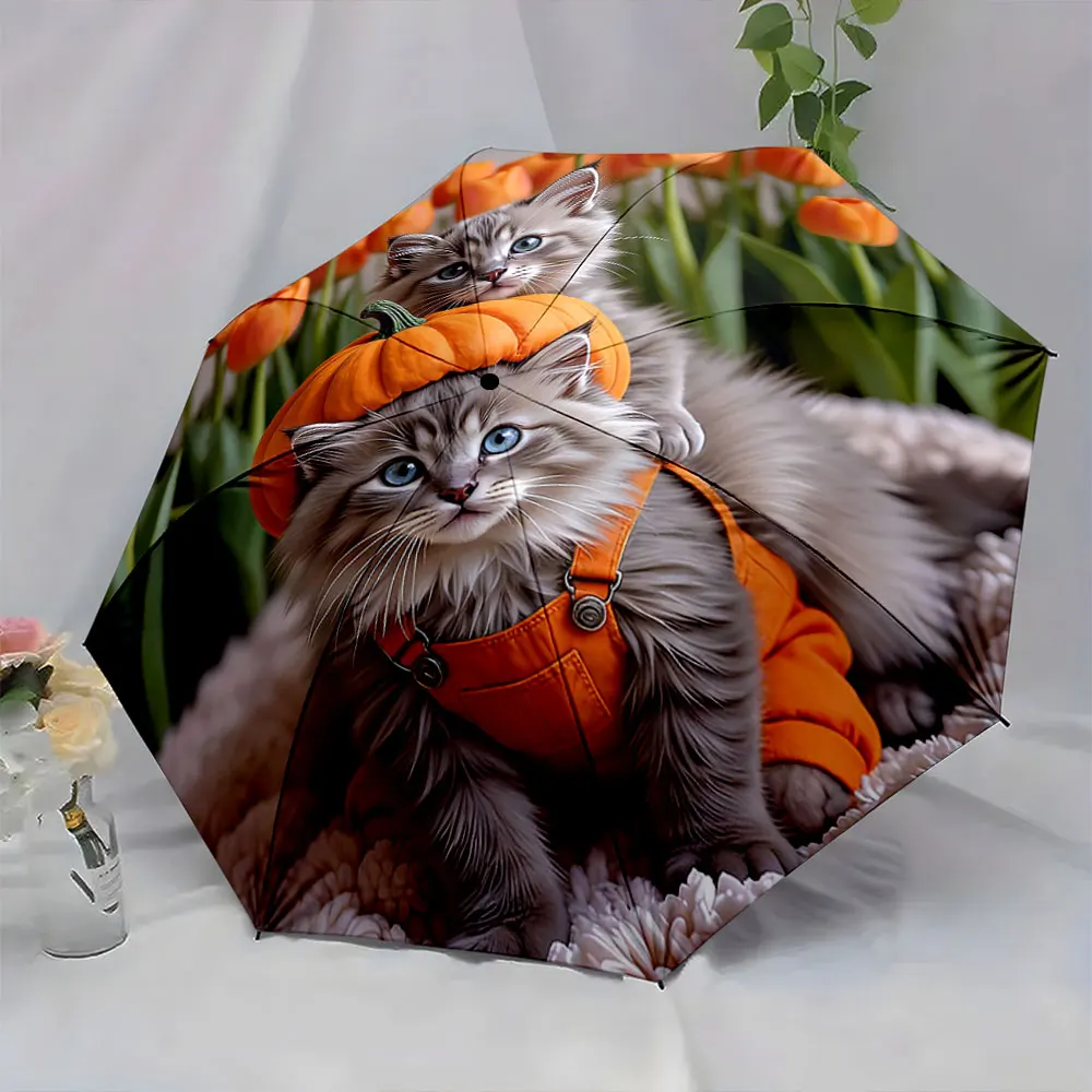 1PC Pumpkin Delights: Cats in Autumn Garden Print 8 Iron Ribs Folding Umbrella Auto-Open Fashion Sunshade