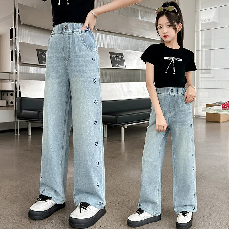 2024 Summer Teens Girl Wide-Leg Jeans Kids Embroidery Design Denim Pants Children Outwear Long Trousers Girl Clothing 4-12Years