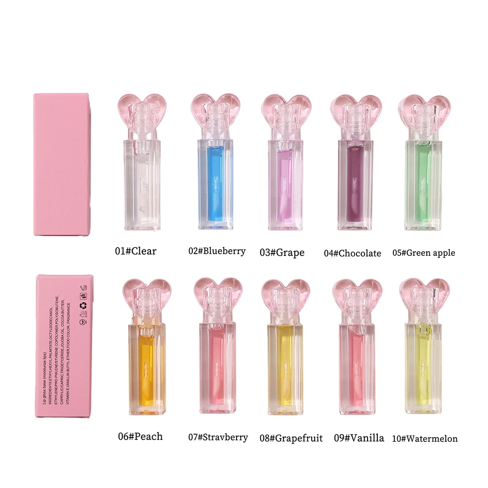 Private Label Hartvormige lipolie Aangepast logo Moisturizer Langdurige fruitsmaak Make-up Groothandel Wreedheidsvrije vierkante buis